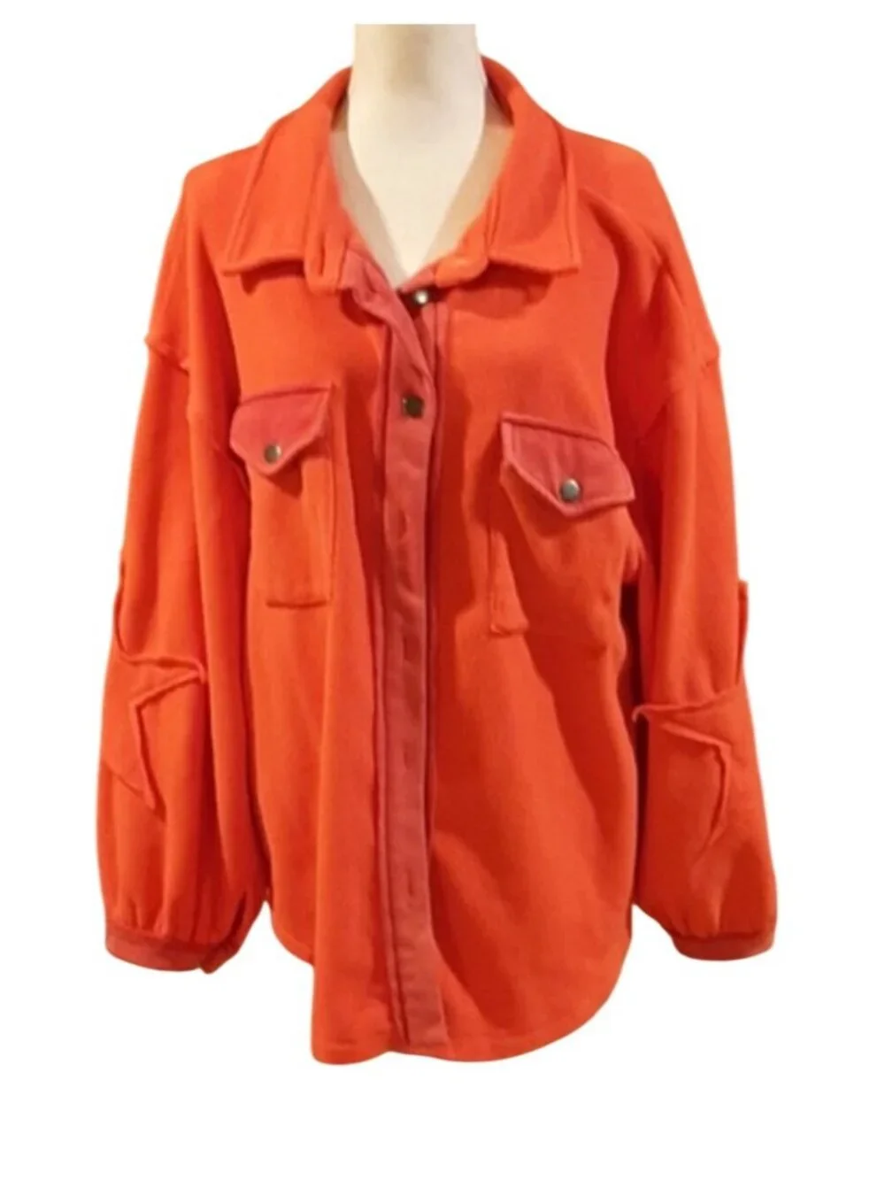 POL Orange Red Fleece Oversized L Shacket Star Patches Snap Buttons & Pockets